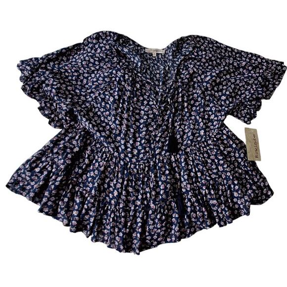 Rewind Tiered Ruffle Flutter Sleeve Cottage Boho Blouse Top Blue Floral M Rayon - Picture 2 of 11